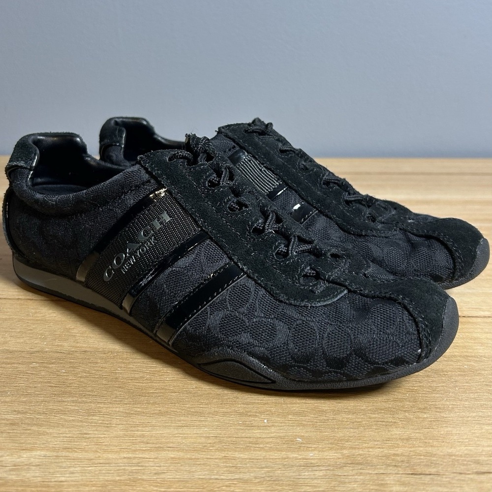 Coach Remona Black Signature Monogram Fabric Suede Low Top Lace Up Sneakers